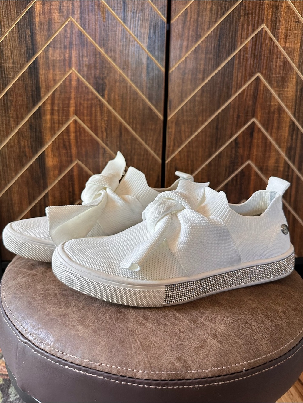 Bridal Sneakers - White Knit Slip-On Sneakers with Rhinestone Platform and Bow